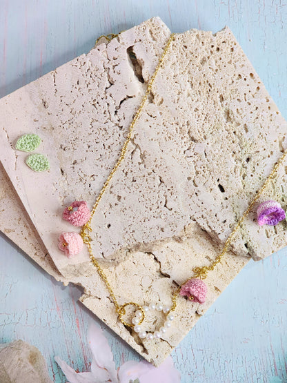 Freshwater Pearls with micro-crochet Pink Lilies of the Valley Necklace. Each bloom adorned with its own 4.5-5mm freshwater pearl.