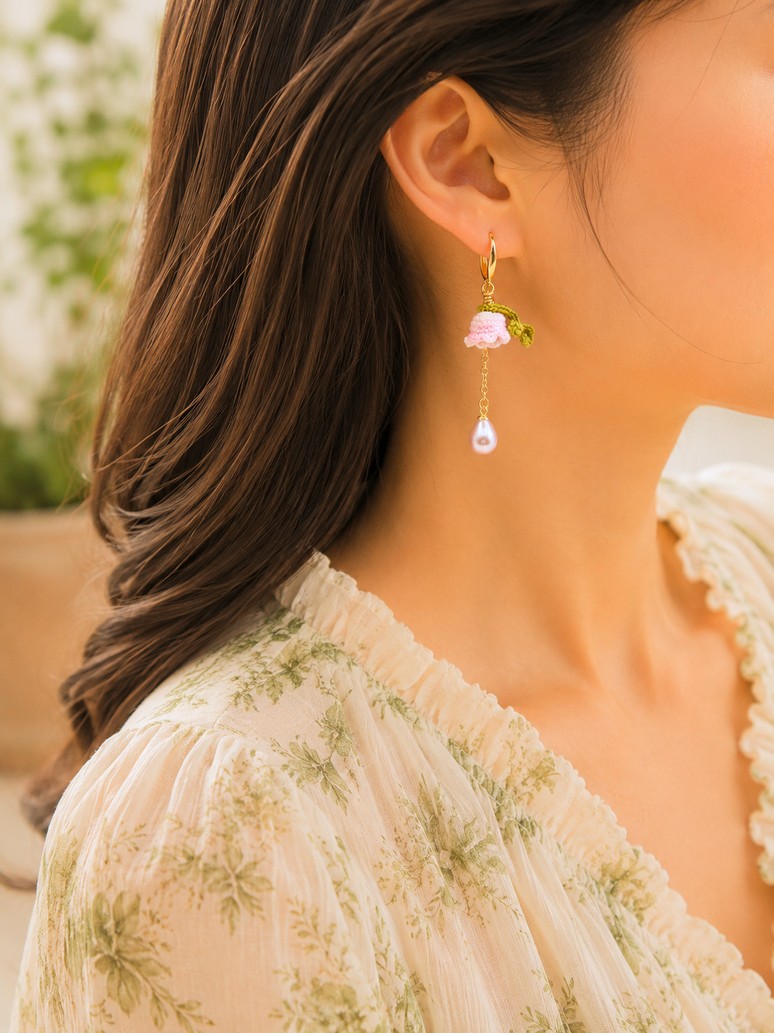 Handcrafted pink micro crochet Lily of the Valley blooms accented with 7-8mm metallic freshwater waterdrop pearls. Gold vermeil hooks & findings. 