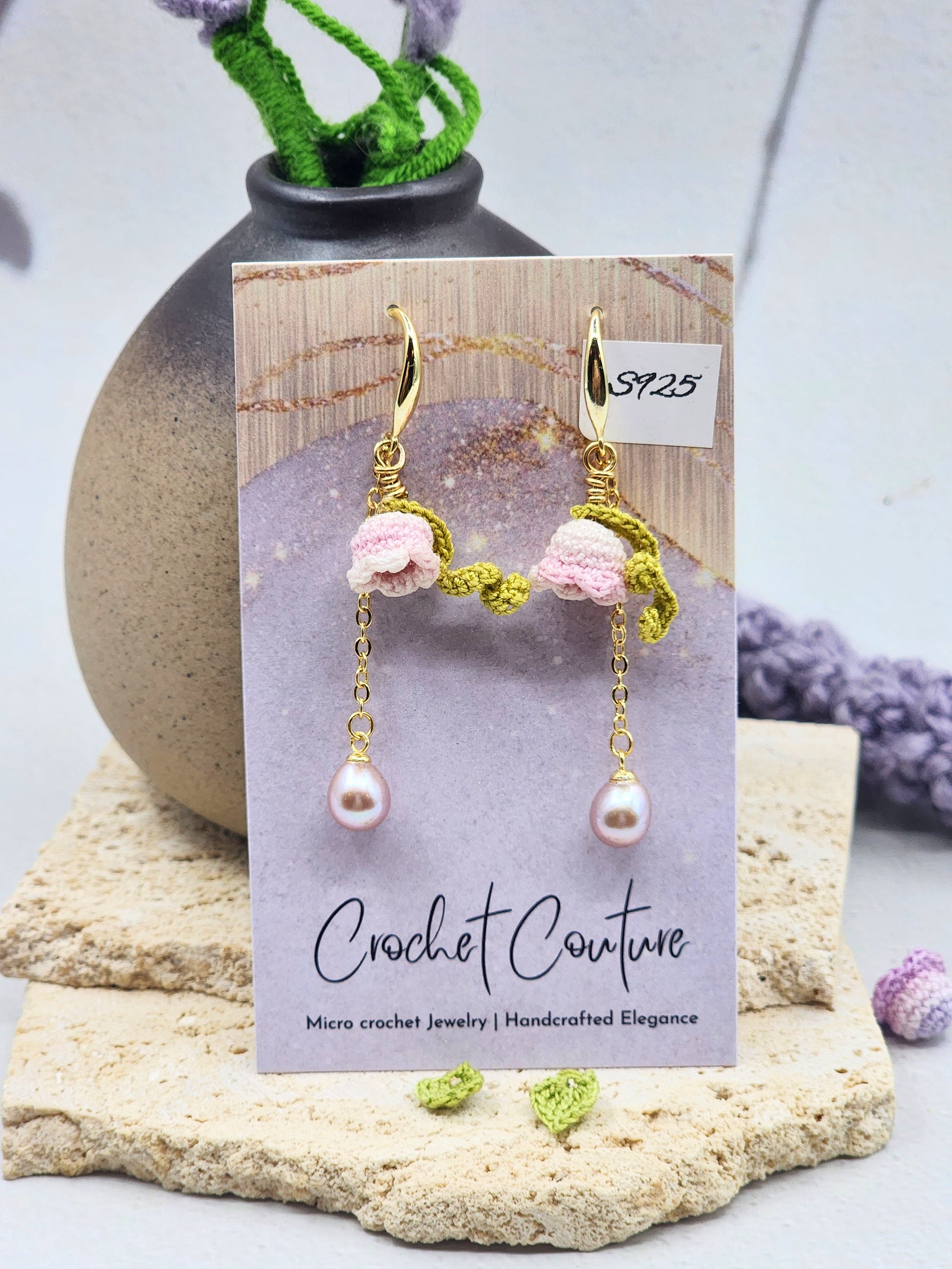 Handcrafted pink micro crochet Lily of the Valley blooms accented with 7-8mm metallic freshwater waterdrop pearls. Gold vermeil hooks & findings. 
