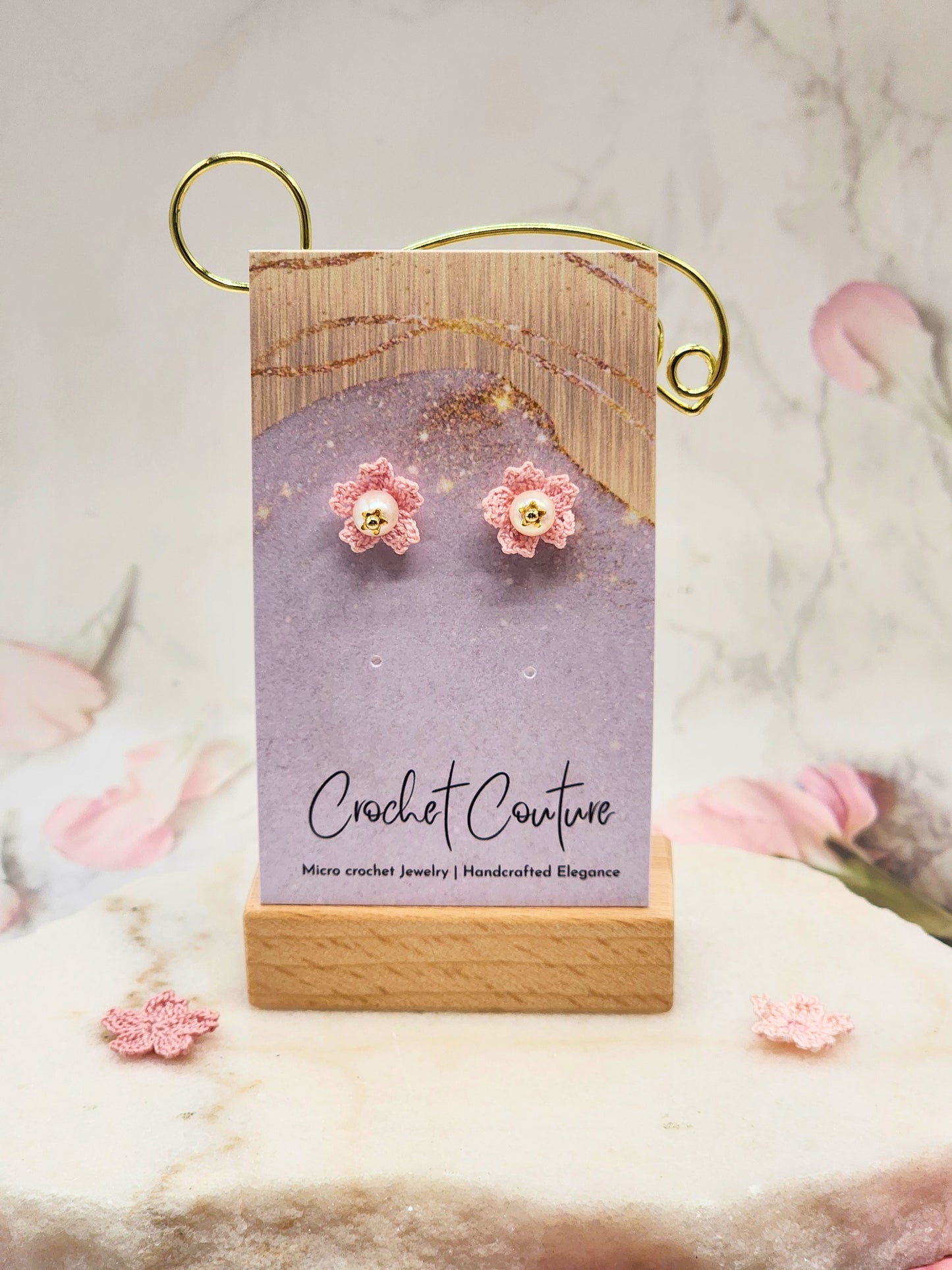 Handcrafted micro crochet Sakura blossoms crowned with lustrous 5-6mm freshwater Akoya pearls. Simple elegance for office, everyday moments and occasions. 