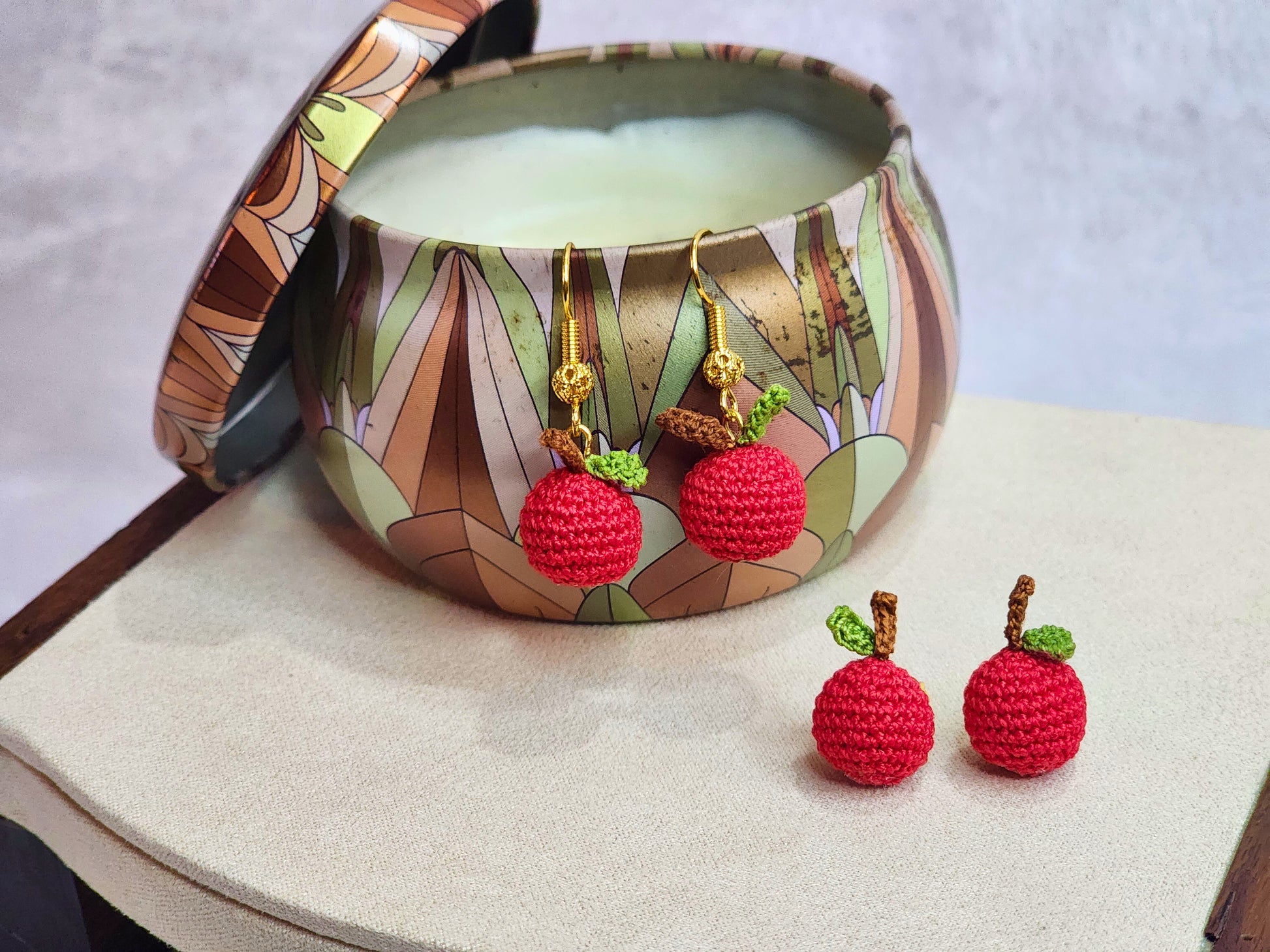 Handcrafted micro-crochet apples earrings on 18K gold-plated studs or hooks