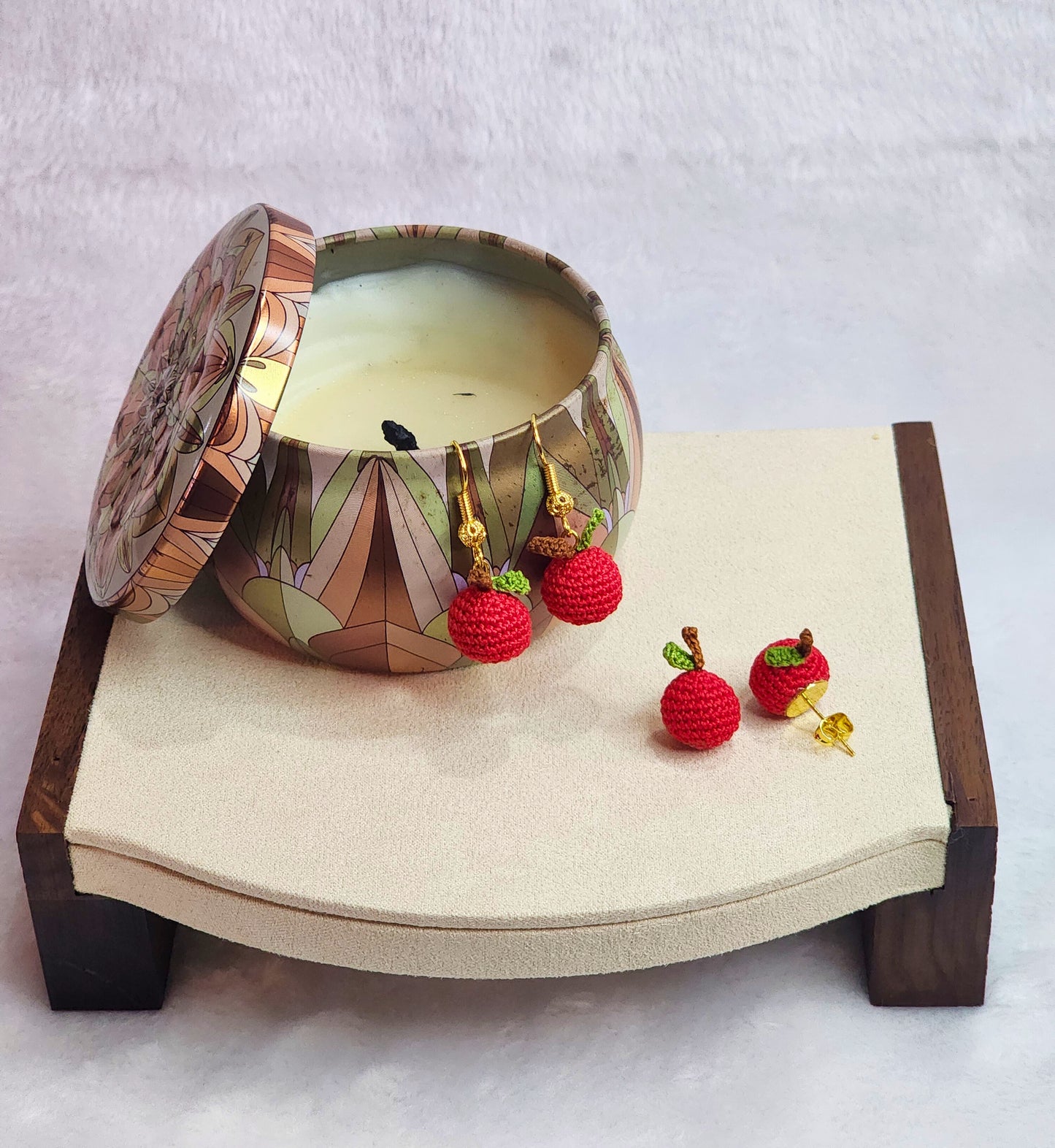 Handcrafted micro-crochet apples earrings on 18K gold-plated studs or hooks