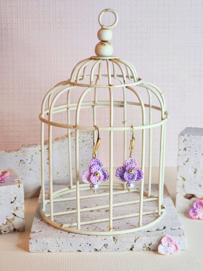 Purple Orchid mirco-crochet earrings adorned with 4.5-5mm smoke gray natural baroque pearls
