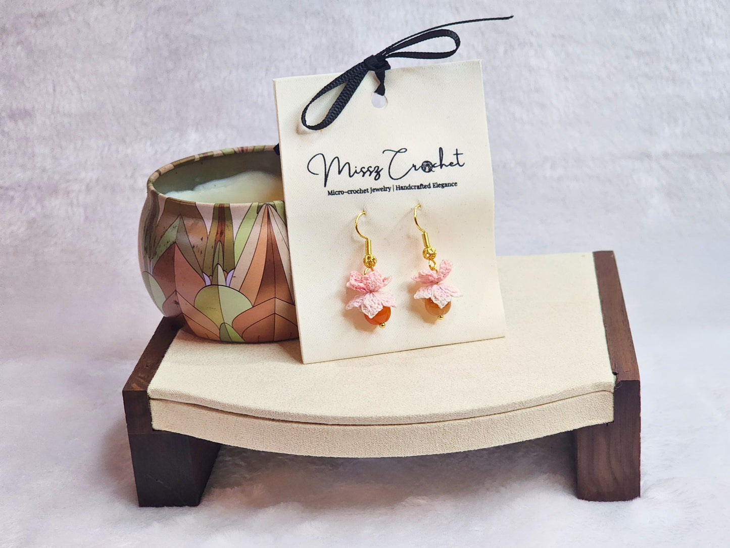 Natural Quartz Crystal with micro-crochet peach blossoms earrings. On 18K gold-plated ear hooks. 