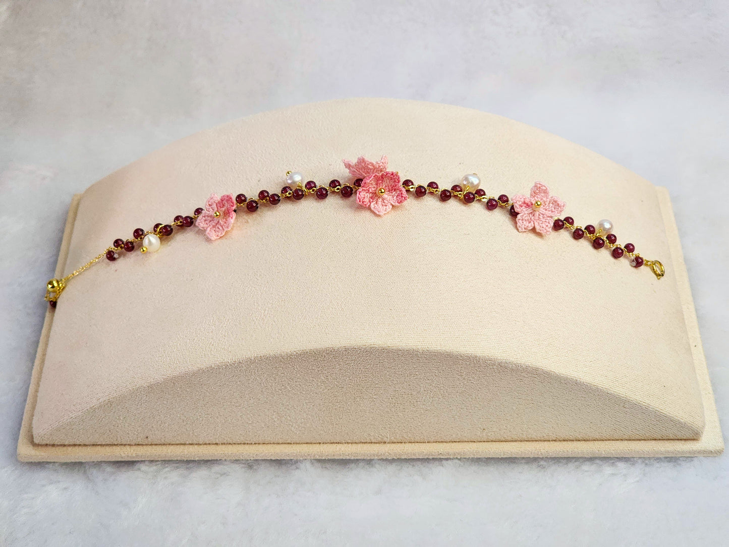 Natural red garnet crystals and pearls bracelet with handcrafted micro-crochet peach blossoms on 18K gold-plated bracelet