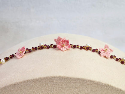 Natural red garnet crystals and pearls bracelet with handcrafted micro-crochet peach blossoms on 18K gold-plated bracelet