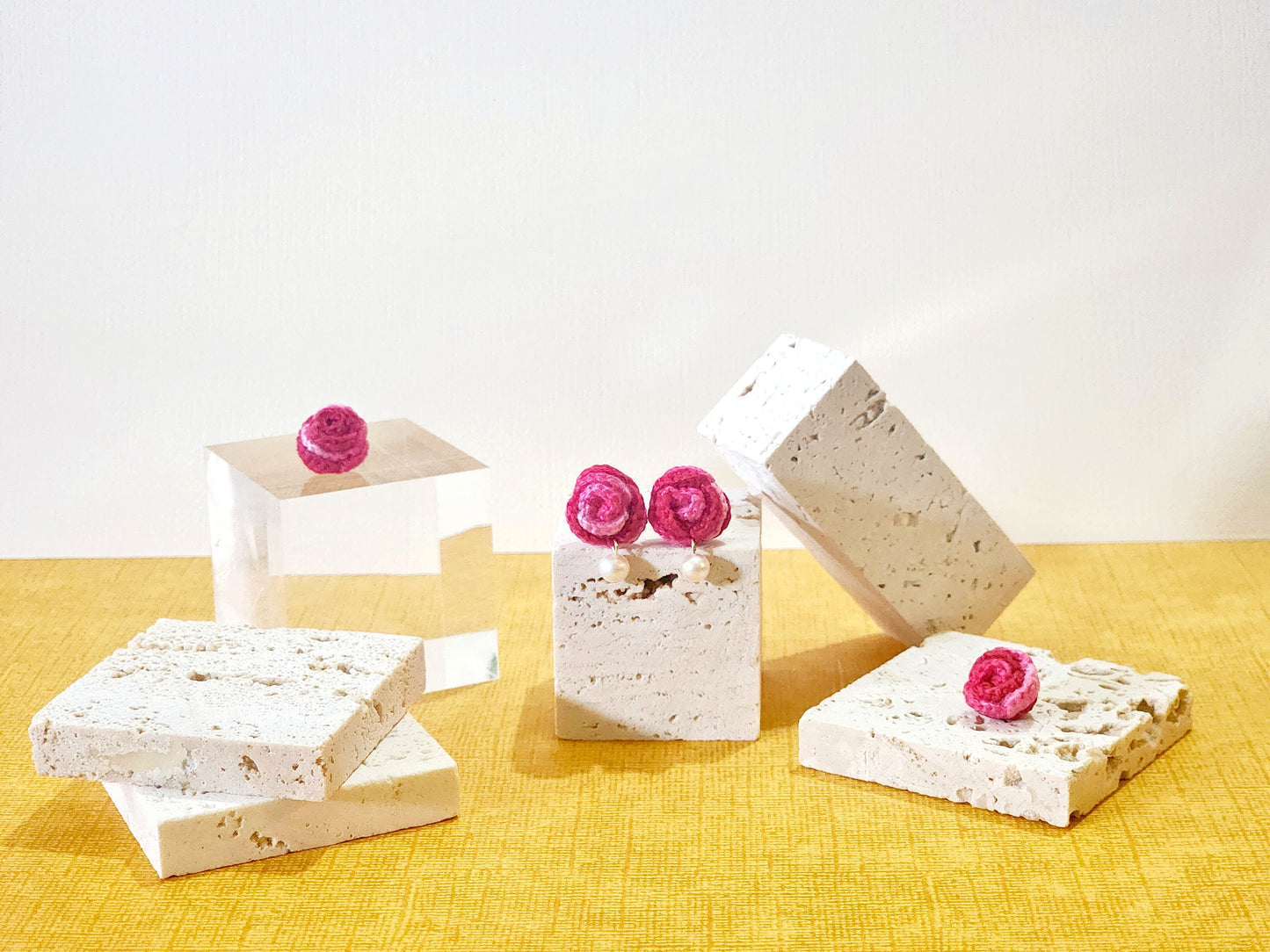 A pair of Rose with Freshwater Pearls Micro-crochet Earrings