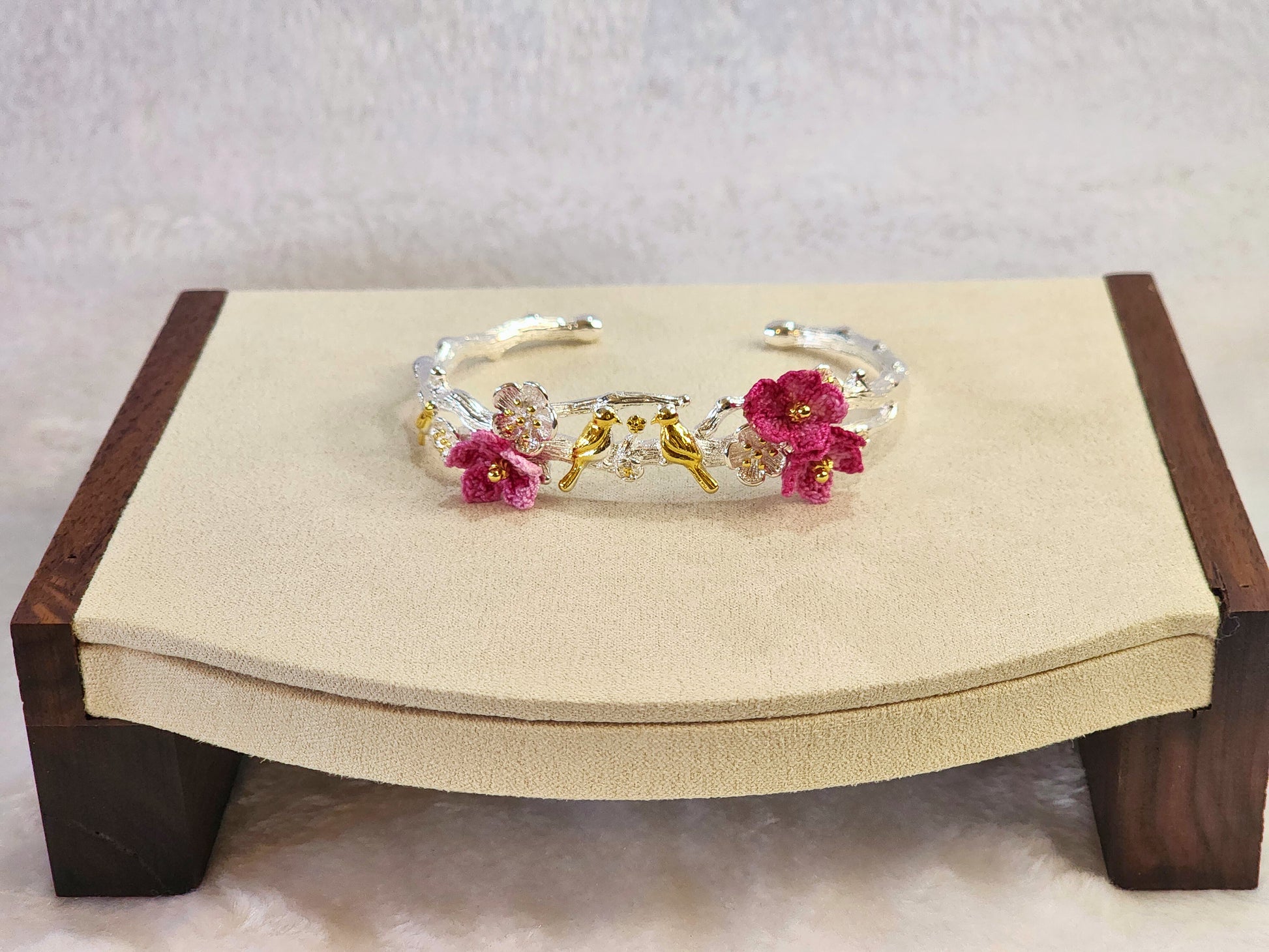 Sterling silver birds on a branch bracelet and pink handcrafted micro-crochet peach blossoms