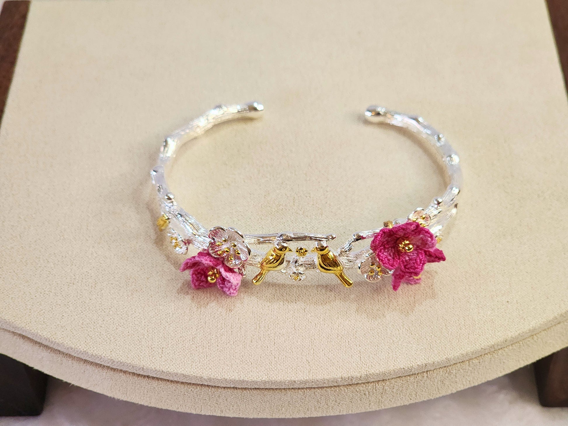 Sterling silver birds on a branch bracelet and pink handcrafted micro-crochet peach blossoms