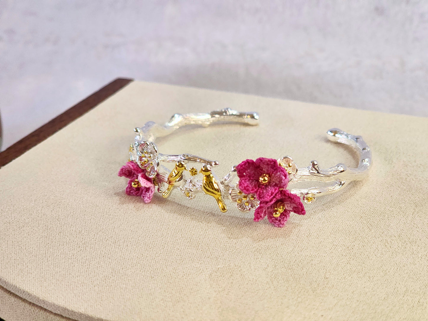 Sterling silver birds on a branch bracelet and pink handcrafted micro-crochet peach blossoms