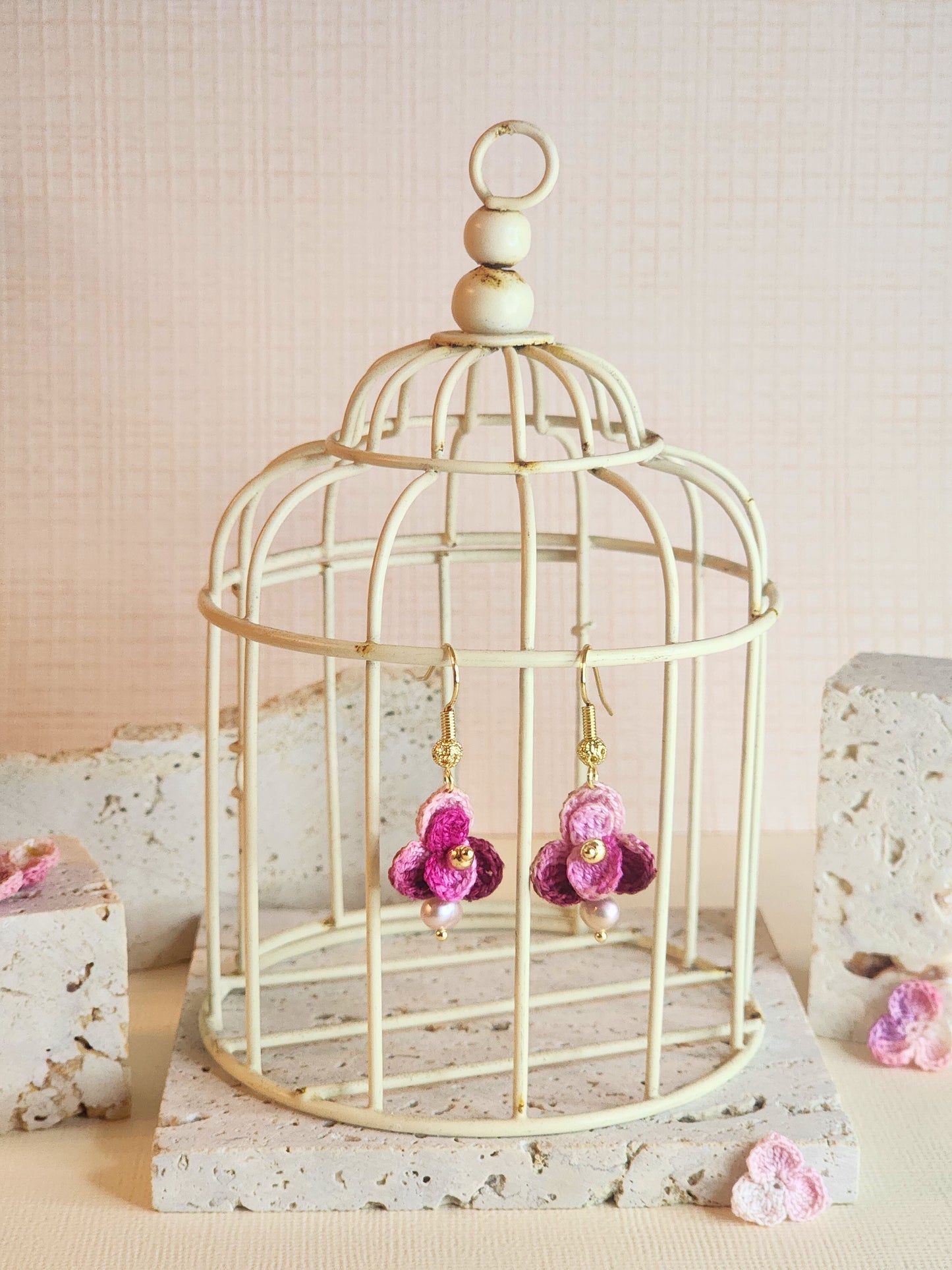 Singapore Orchid micro-crochet earrings adorned with pink-purple natural baroque pearls and paired with 18KGP findings & hook