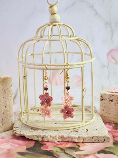 Handcrafted Sakura micro-crochet earrings accented with natural Tourmaline crystals & Miyuki glass beads on 18K gold-plated ear hooks 