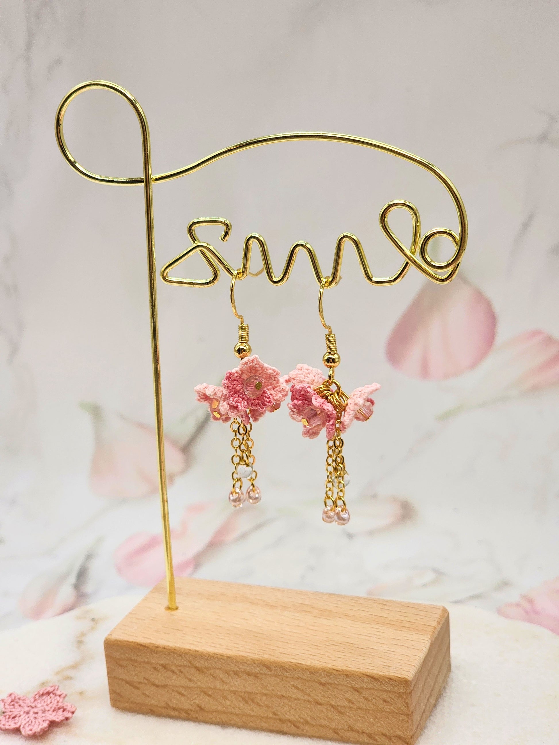 Handcrafted micro crochet Sakura Tassel Earrings. Feminine and easy elegance. 18K gold-plated hooks and findings. 
