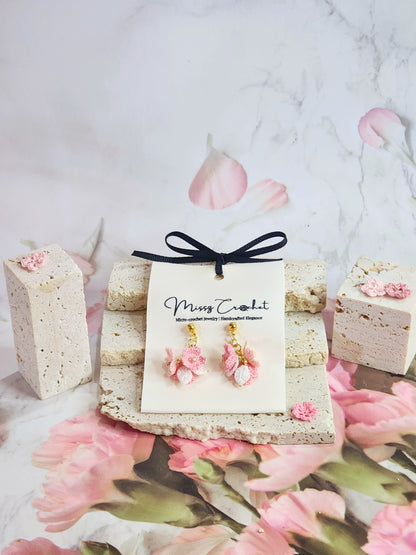 Handcrafted Trio of Sakura Blossoms Micro-crochet earrings accented with sparkling rose gold Czech crystals on 18K gold-plated ear studs
