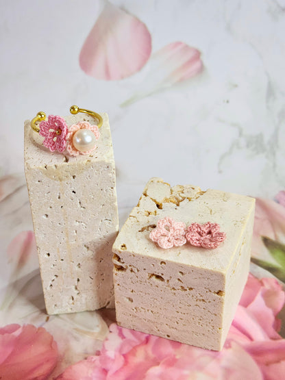 Handcrafted micro-crochet Sakura blossoms with 6-7mm natural freshwater Edison pearl on 18K gold=plated adjustable ring