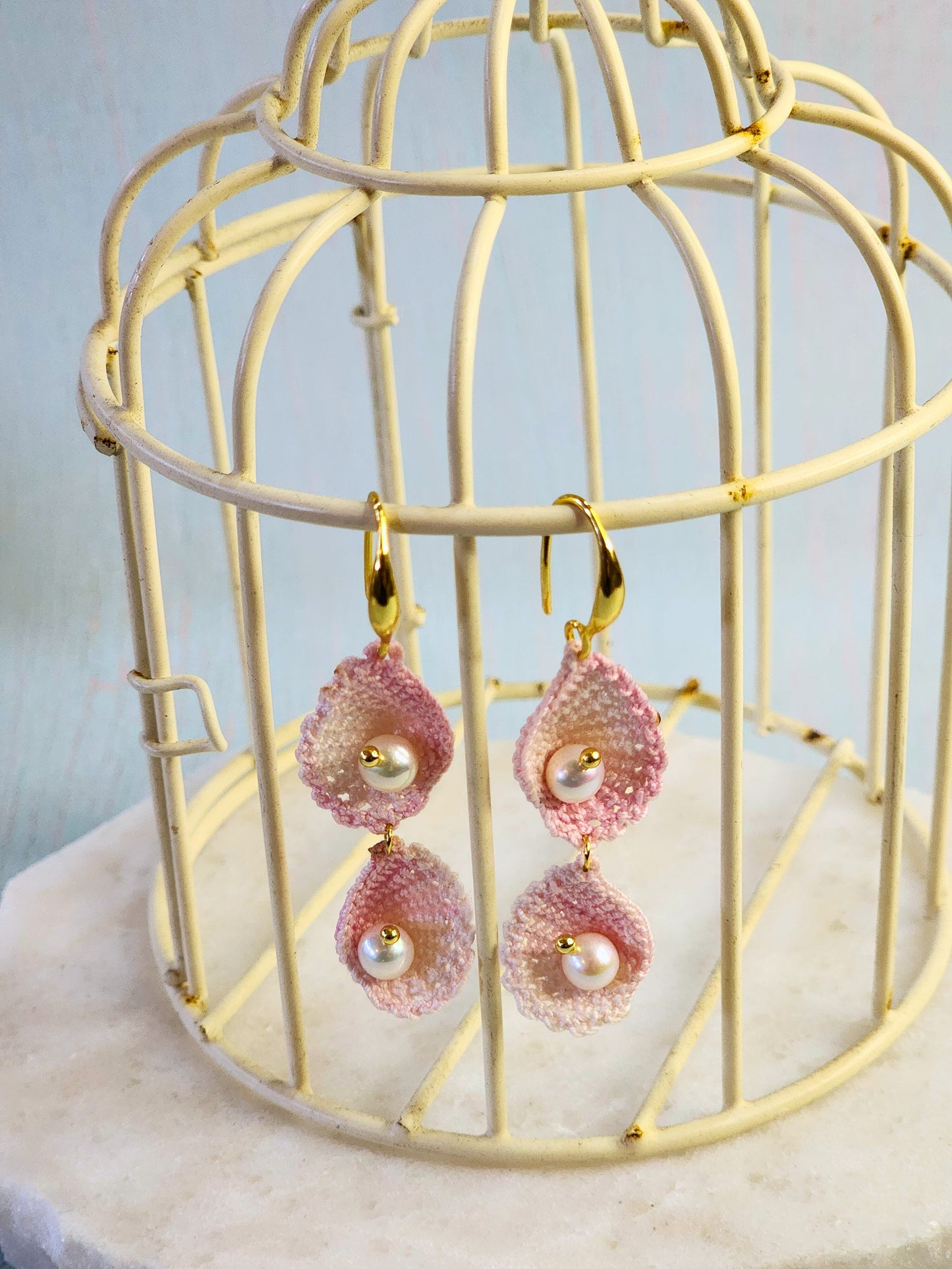 Handcrafted micro-crochet pink ombre scallop shell duo earrings with 5.5-6mm natural freshwater Akoya pearls on 18K gold-plated hooks