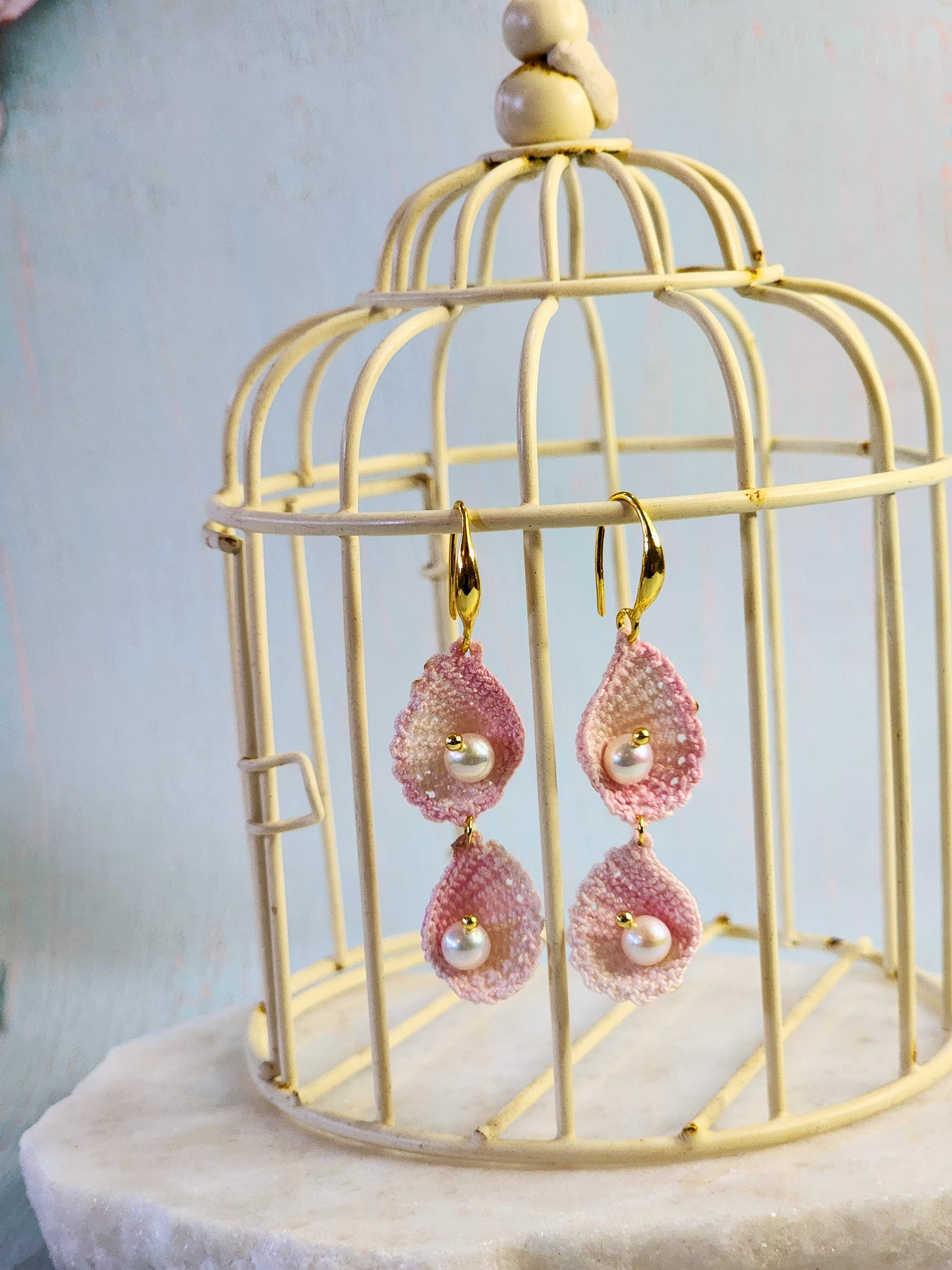Handcrafted micro-crochet pink ombre scallop shell duo earrings with 5.5-6mm natural freshwater Akoya pearls on 18K gold-plated hooks