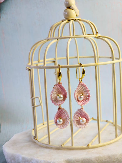 Handcrafted micro-crochet pink ombre scallop shell duo earrings with 5.5-6mm natural freshwater Akoya pearls on 18K gold-plated hooks