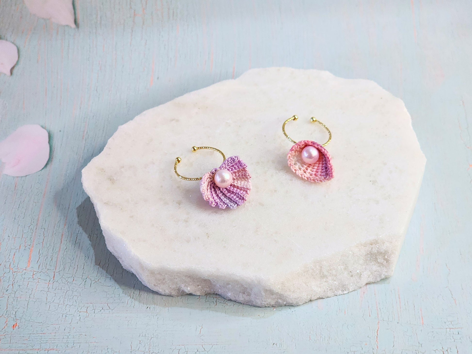 Handcrafted micro-crochet seashell rings with flawless 6-7mm freshwater pink pearls on 14K gold-plated adjustable band
