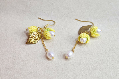 Yellow Snowdrops & Pearls Micro-crochet Earrings - Day to Night Look
