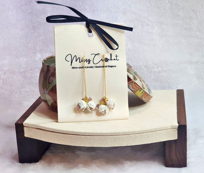 Pure Snowdrops & Pink-Purple Pearls Micro-crochet Earrings - Beauty in Simplicity