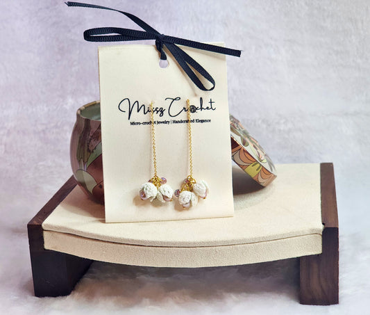 Pure Snowdrops & Pink-Purple Pearls Micro-crochet Earrings - Beauty in Simplicity