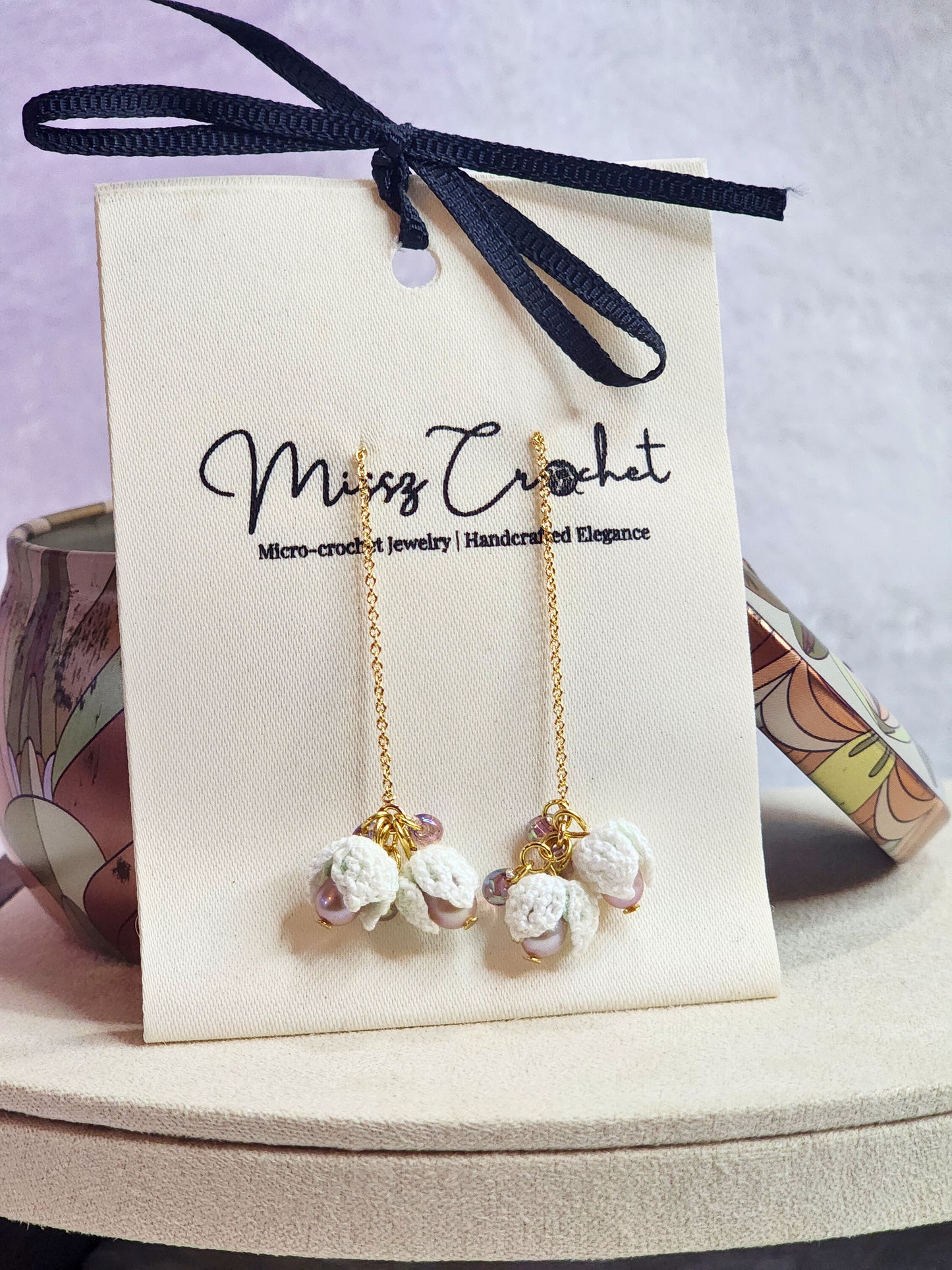 Pure Snowdrops & Pink-Purple Pearls Micro-crochet Earrings - Beauty in Simplicity