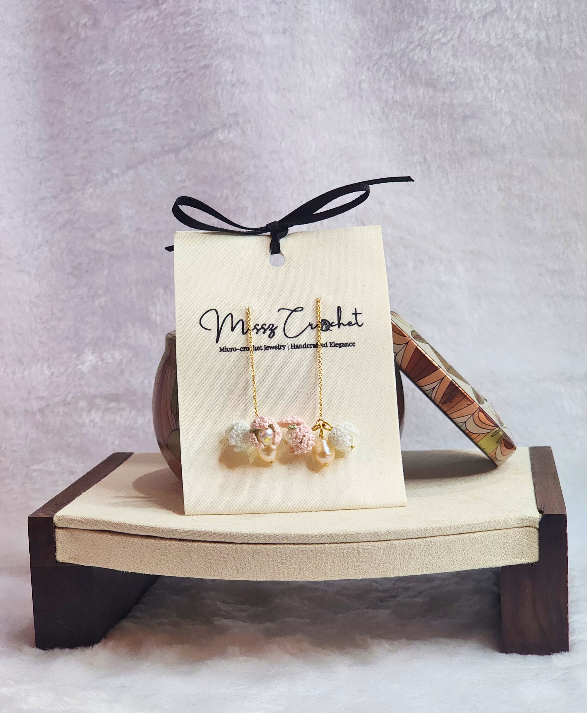 Handcrafted trio of micro-crochet snowdrops & white and pink pearls tassel earrings. 18K gold-plated hooks