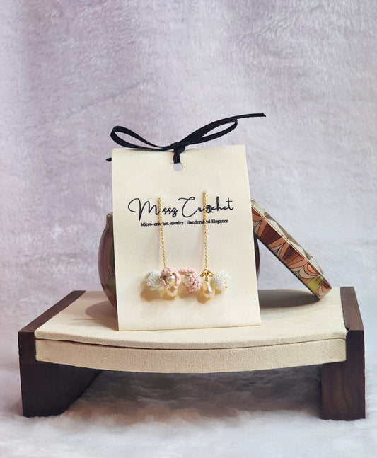 Handcrafted trio of micro-crochet snowdrops & white and pink pearls tassel earrings. 18K gold-plated hooks
