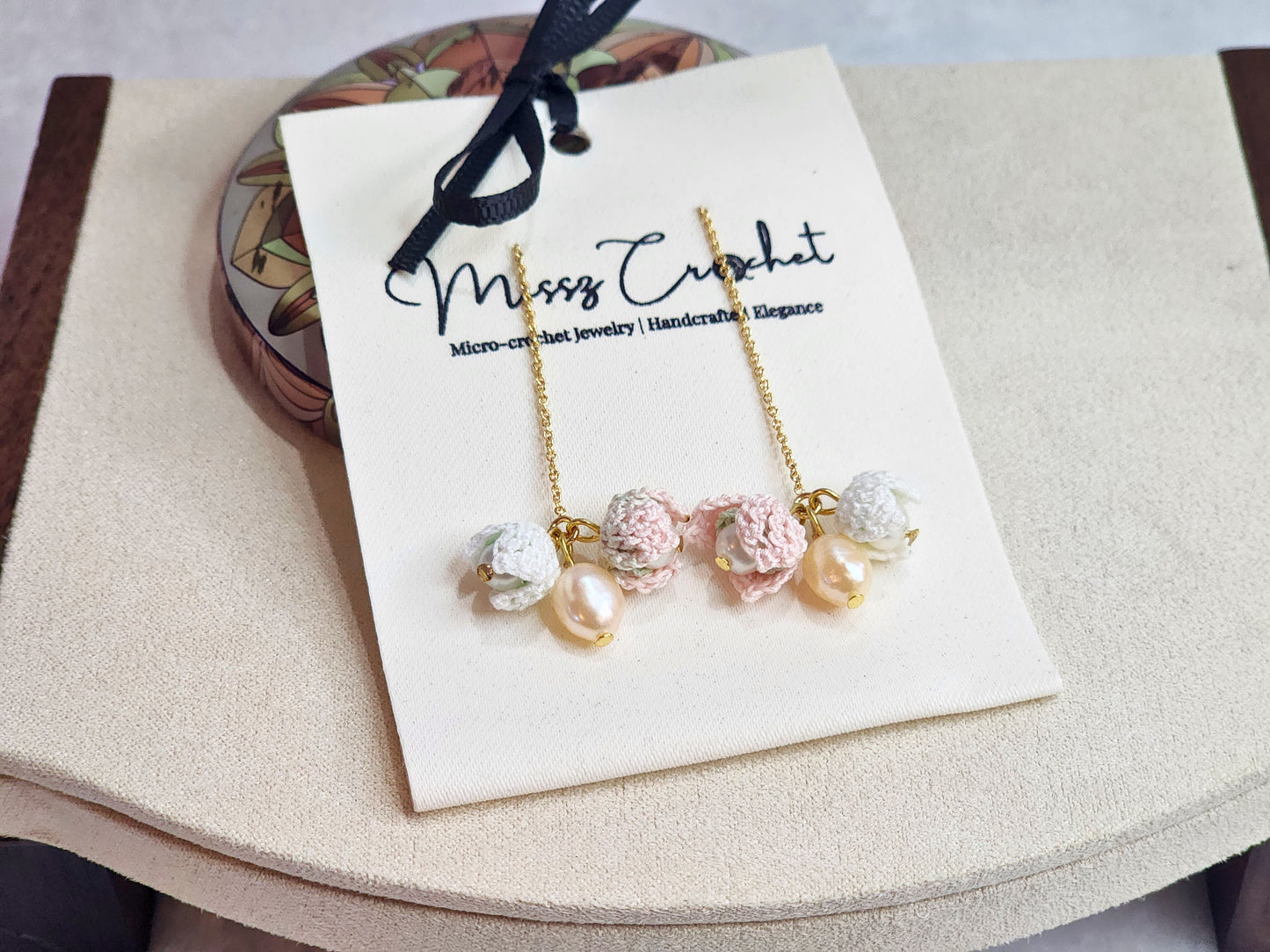 Handcrafted trio of micro-crochet snowdrops & white and pink pearls tassel earrings. 18K gold-plated hooks