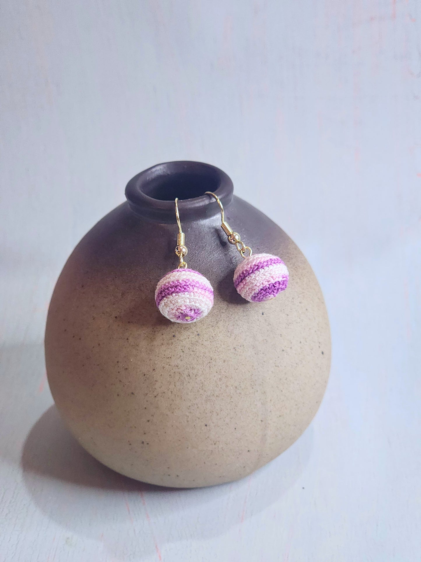 Handcrafted micro-crochet Taro Pastry earrings. Set with 18K gold-plated ear hooks. 