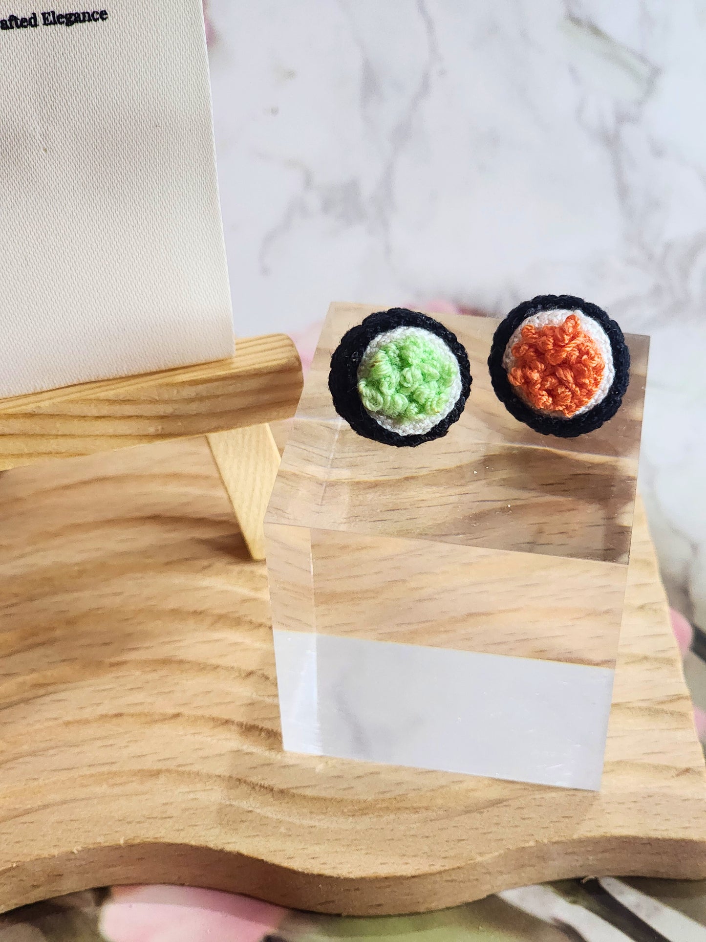 Handcrafted micro-crochet green & orange Tobiko Sushi earrings. 18K gold-plated ear studs.