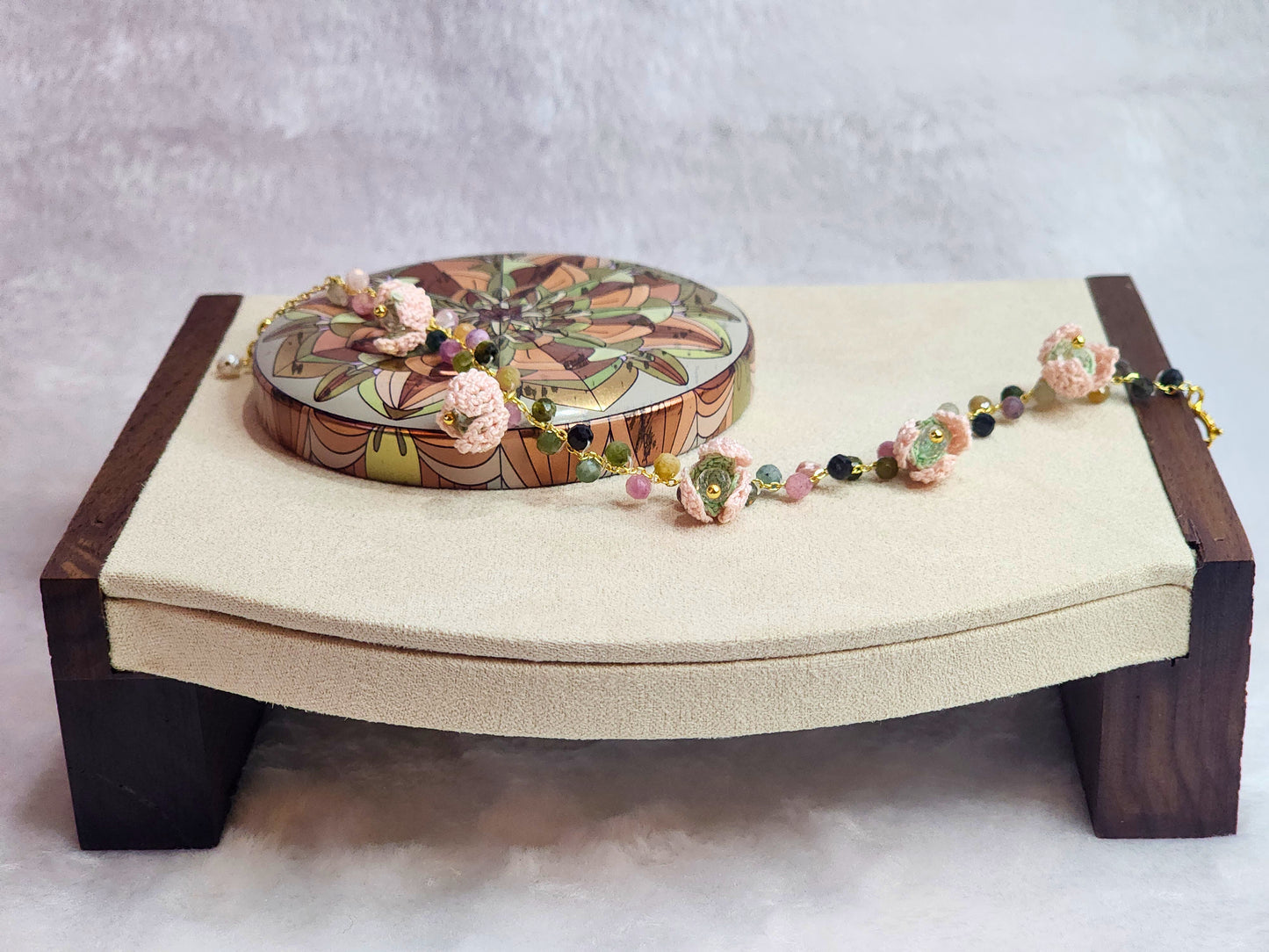 Natural Tourmaline Crystal bracelet with pink snowdrops, crowned with sparkling Czech crystals. On 14K gold-plated bracelet with extension chain.