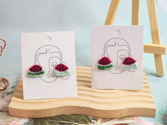 Two pairs of handcrafted watermelon micro-crochet earrings in 18K gold-plated ear studs