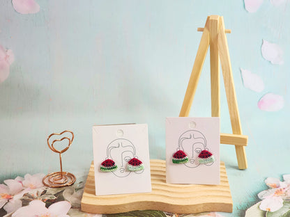 Two pairs of handcrafted watermelon micro-crochet earrings in 18K gold-plated ear studs