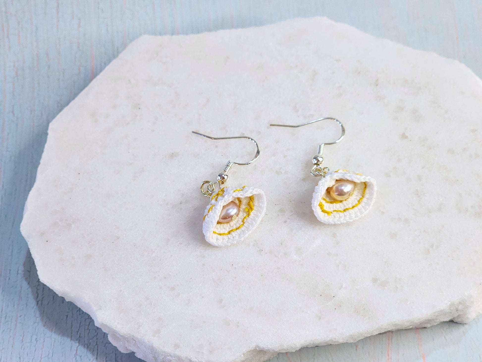 Handcrafted micro-crochet clam shell earrings with natural 5-5.5mm smoke grey baroque pearls. S925 hooks. 