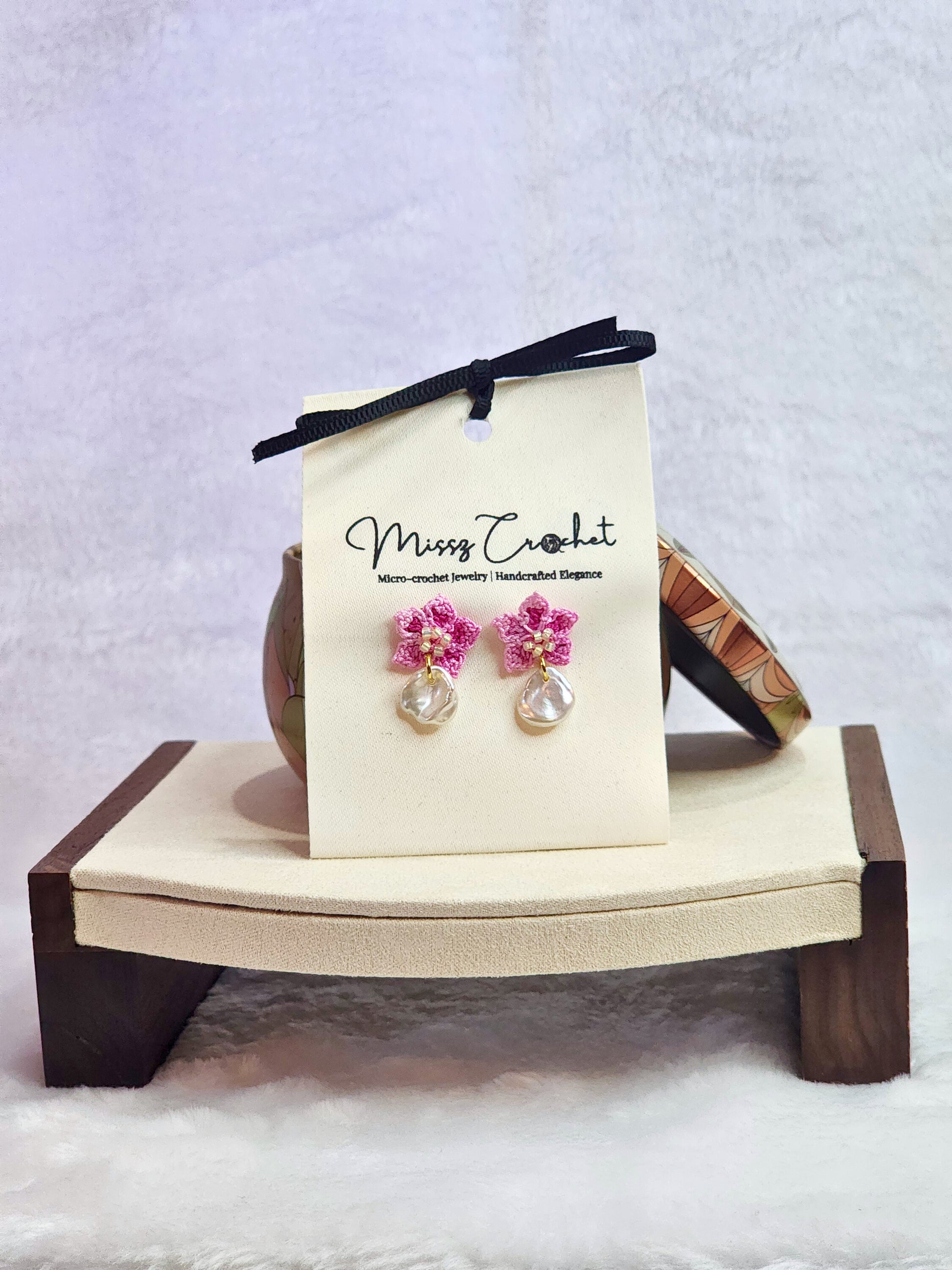Natural high-luster Petal Keshi Pearl earrings with pink handcrafted micro-crochet peach blossoms on 18K gold-plated studs