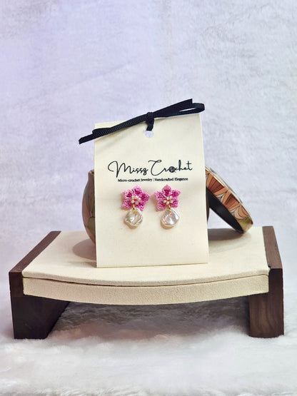 Natural high-luster Petal Keshi Pearl earrings with pink handcrafted micro-crochet peach blossoms on 18K gold-plated studs