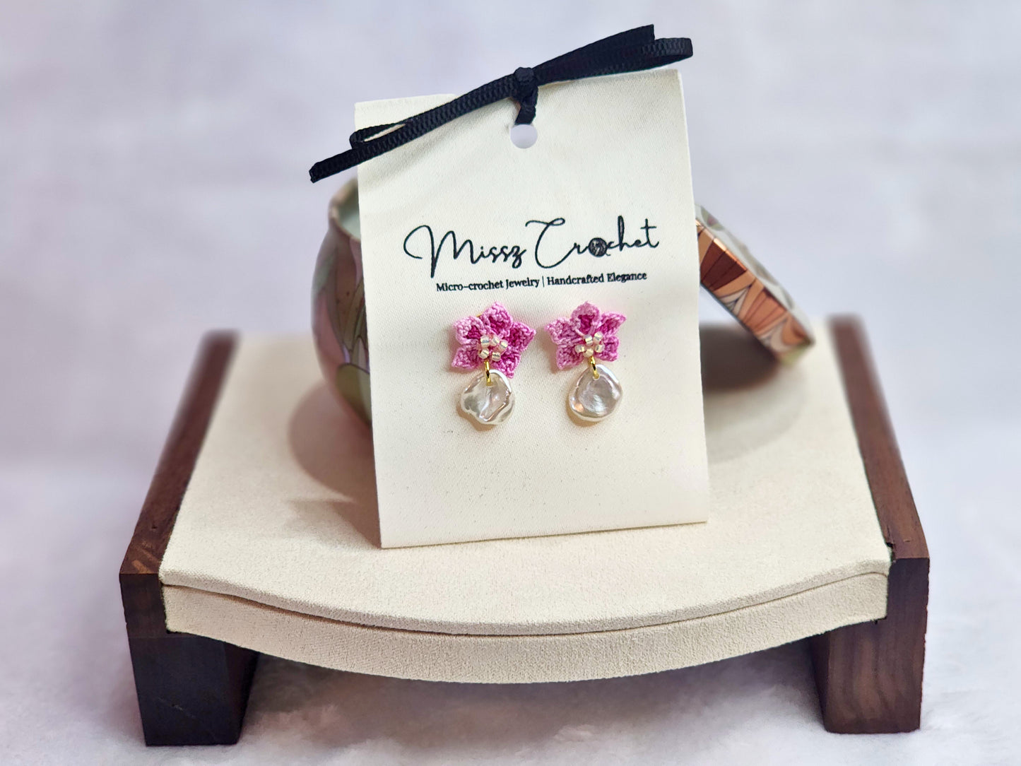 Natural high-luster Petal Keshi Pearl earrings with pink handcrafted micro-crochet peach blossoms on 18K gold-plated studs
